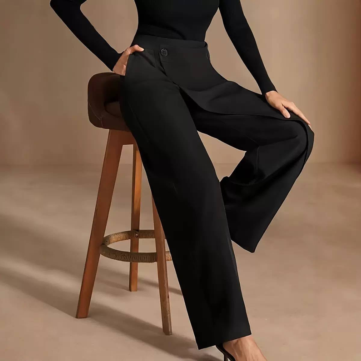 High-Waisted Wide-Leg Pants With Asymmetric Front Overlay – Black