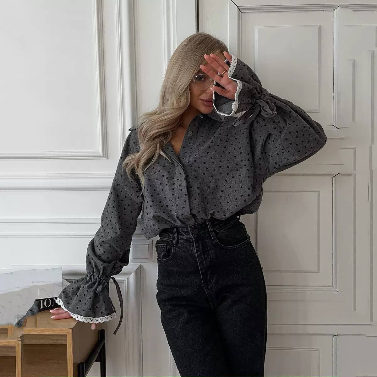 Heart Print Button-Front Blouse With Lace-Trimmed Cuffs – Grey Heart Print