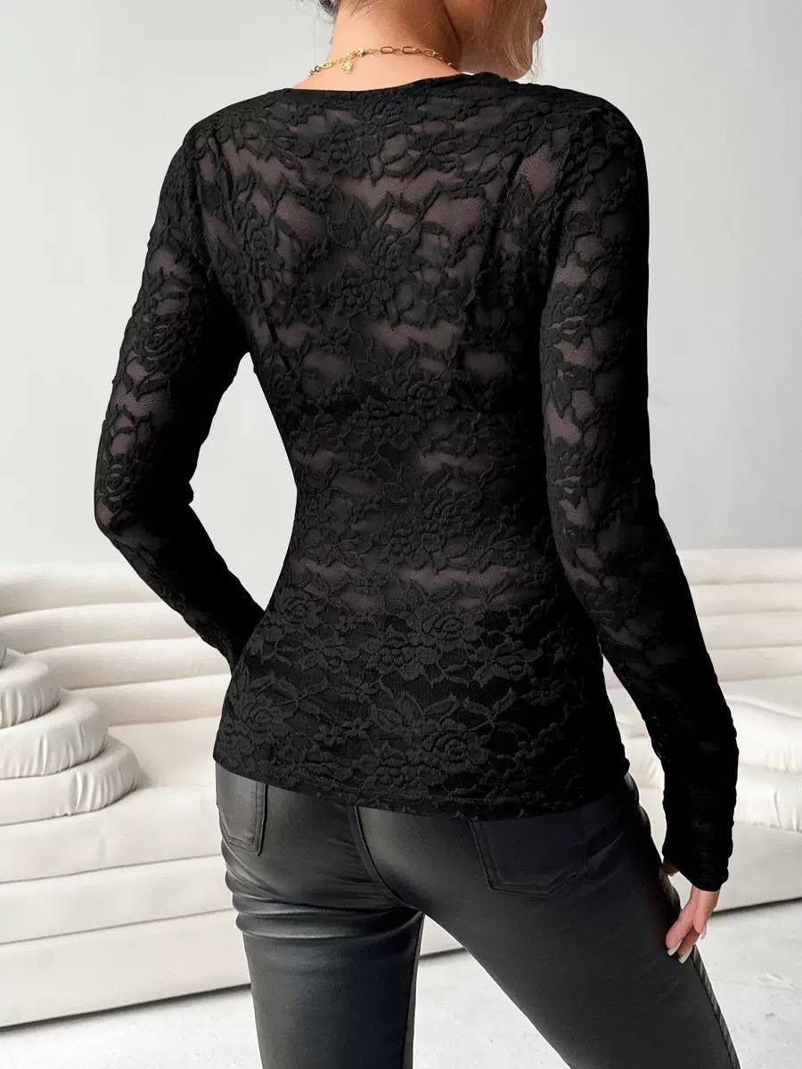 Floral Lace Long Sleeve Top With Scalloped V-Neck – Black