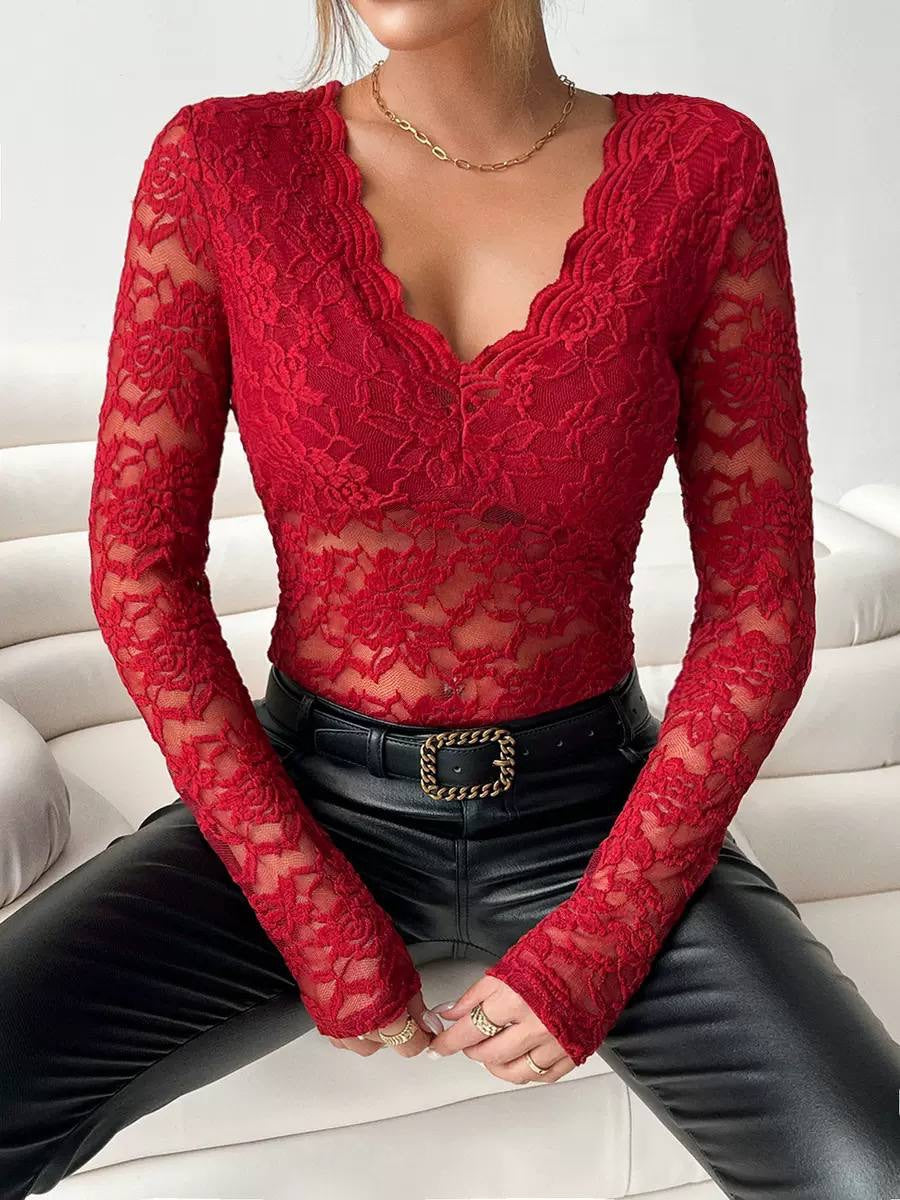 Floral Lace Long Sleeve Top With Scalloped V-Neck – Red