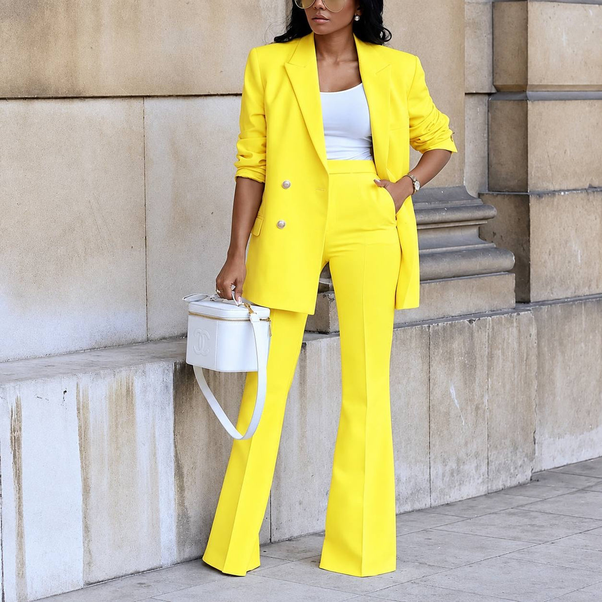 Double-Breasted Blazer And Flared Pants Set – Yellow