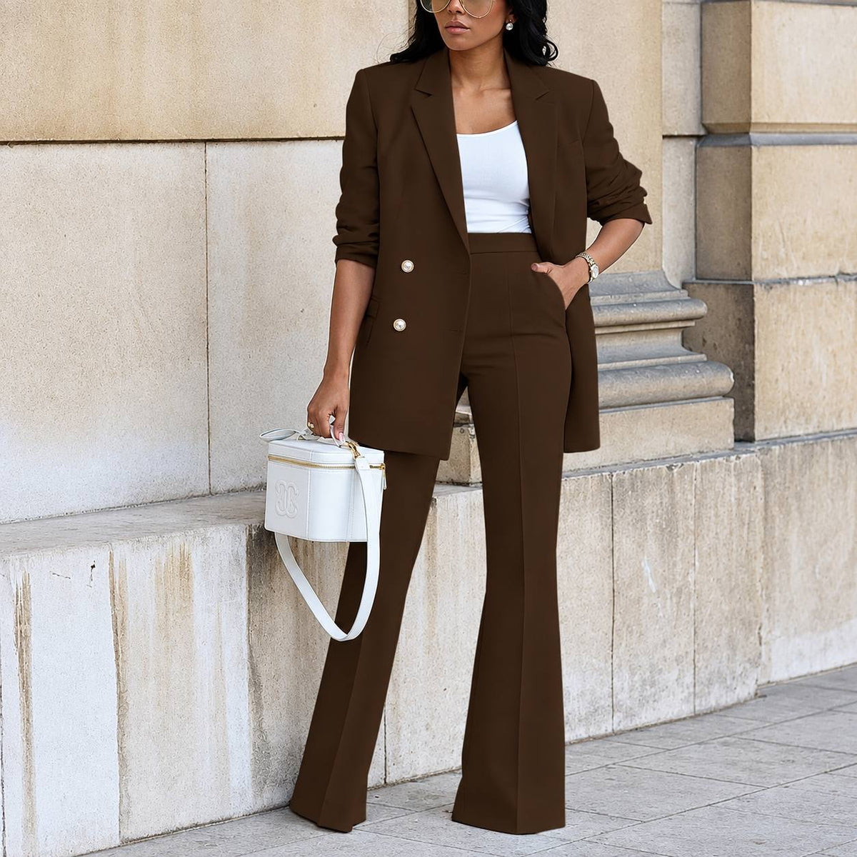Double-Breasted Blazer And Flared Pants Set – Brown