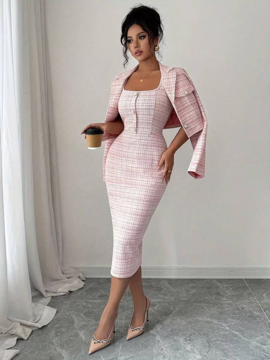 Textured Fitted Two-Piece Set With Button Details – Pink Check