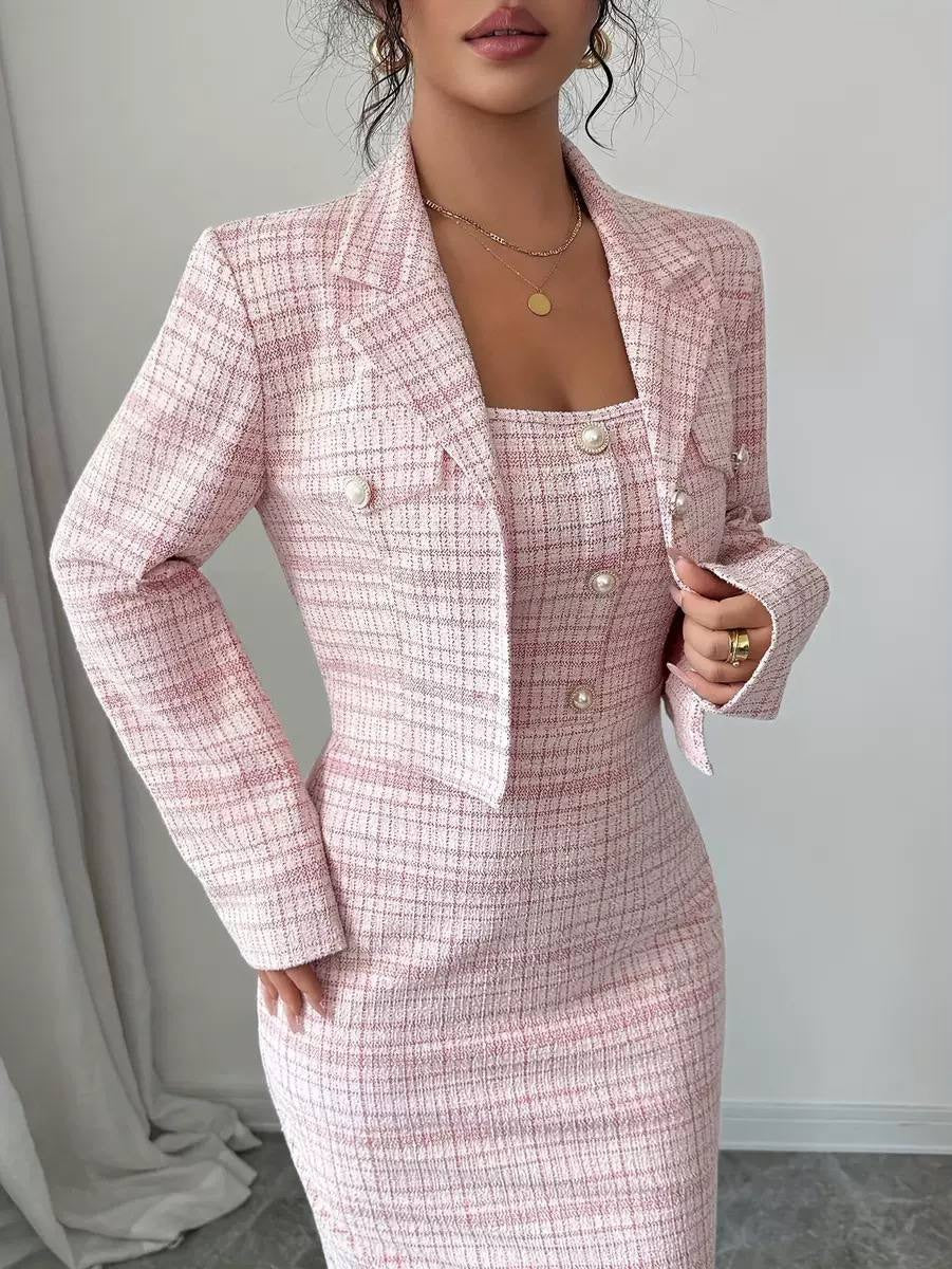 Textured Fitted Two-Piece Set With Button Details – Pink Check