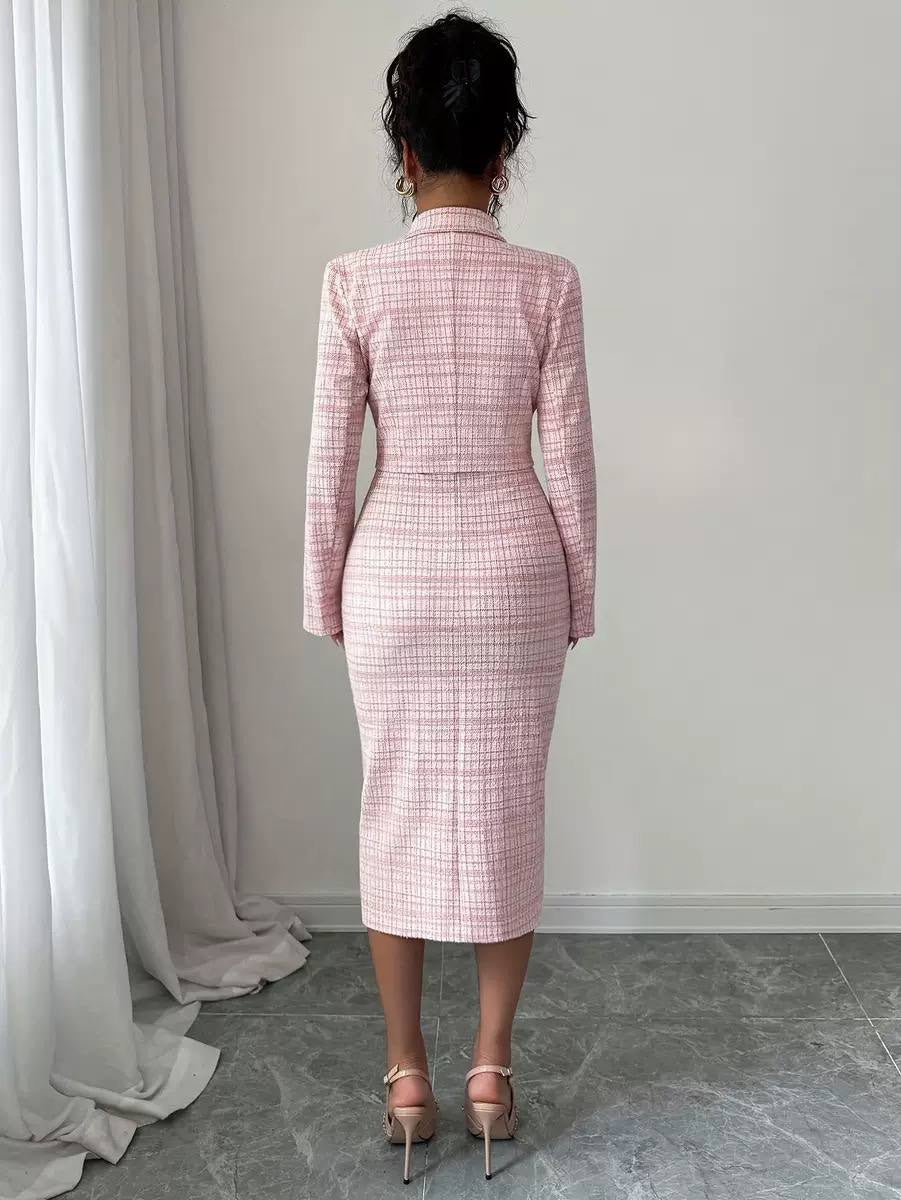 Textured Fitted Two-Piece Set With Button Details – Pink Check