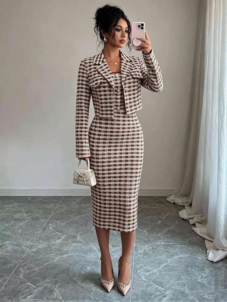 Textured Fitted Two-Piece Set With Button Details – Brown Check