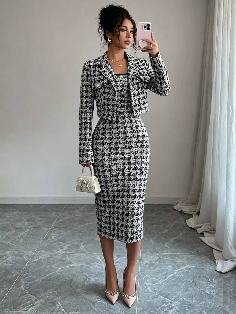 Textured Fitted Two-Piece Set With Button Details – Black And White Houndstooth