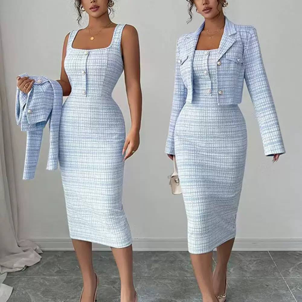 Textured Fitted Two-Piece Set With Button Details – Light Blue Check