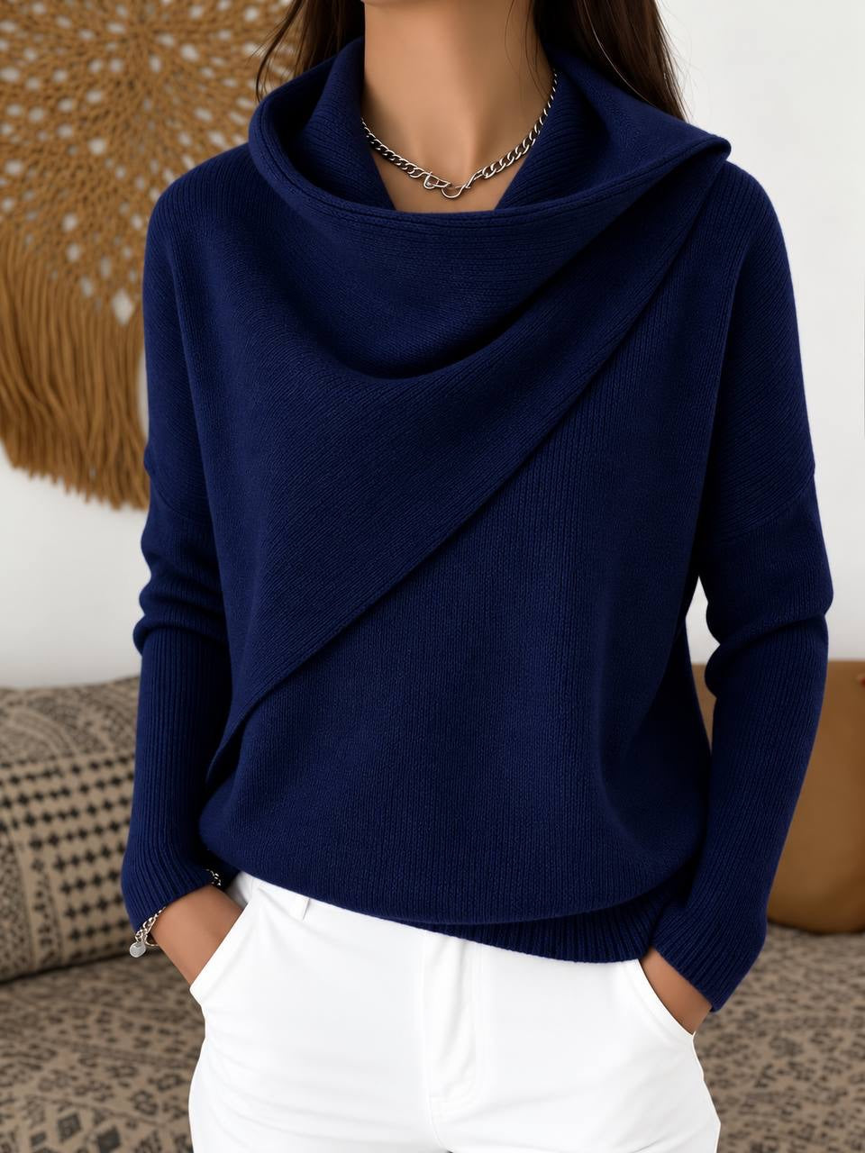 Draped Cowl Neck Sweater With Asymmetric Front Detail – Navy