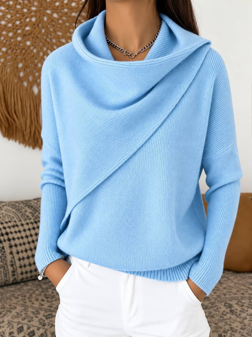 Draped Cowl Neck Sweater With Asymmetric Front Detail – Light Blue