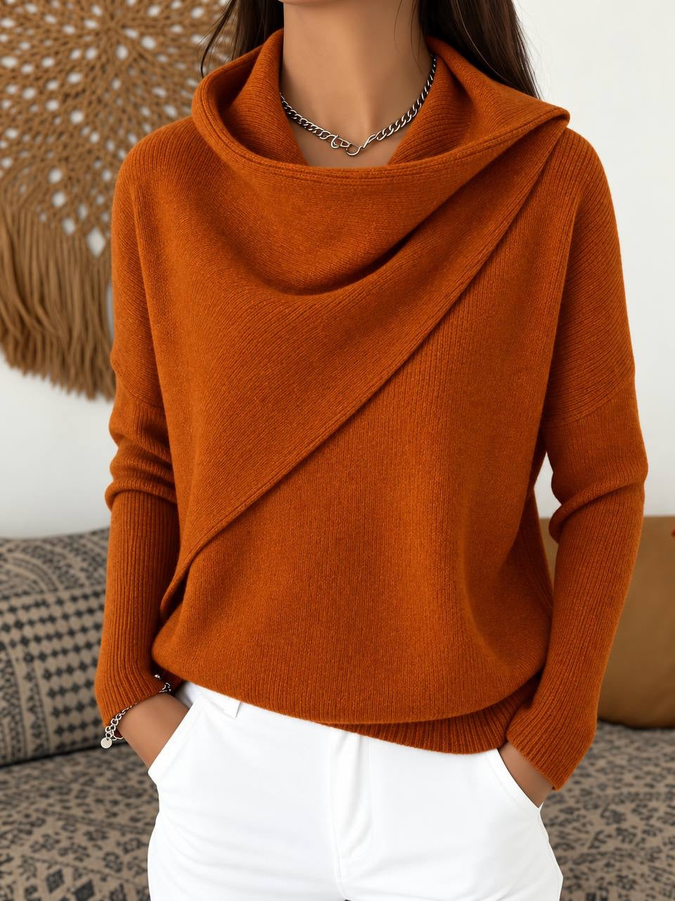 Draped Cowl Neck Sweater With Asymmetric Front Detail – Rust