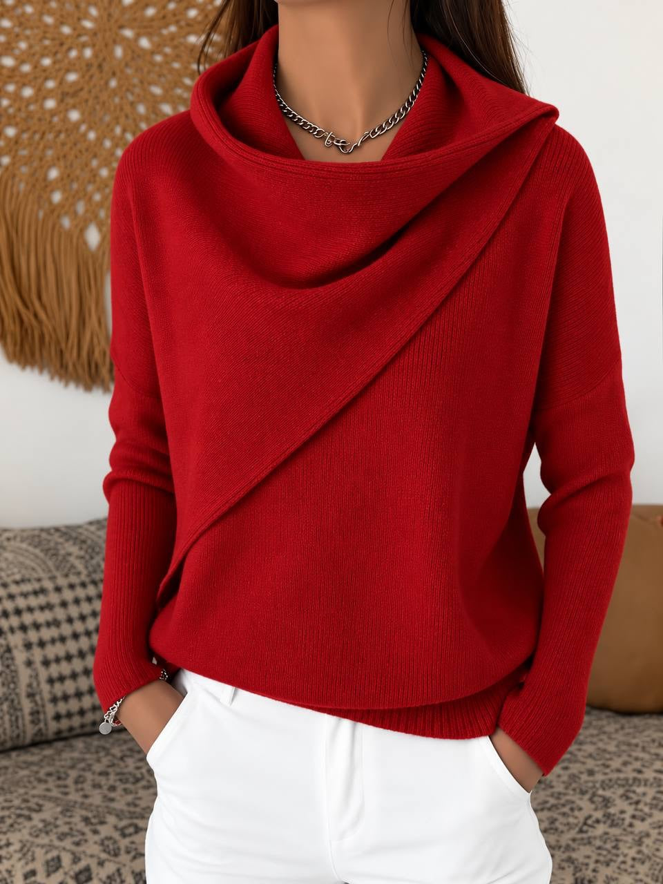 Draped Cowl Neck Sweater With Asymmetric Front Detail – Red