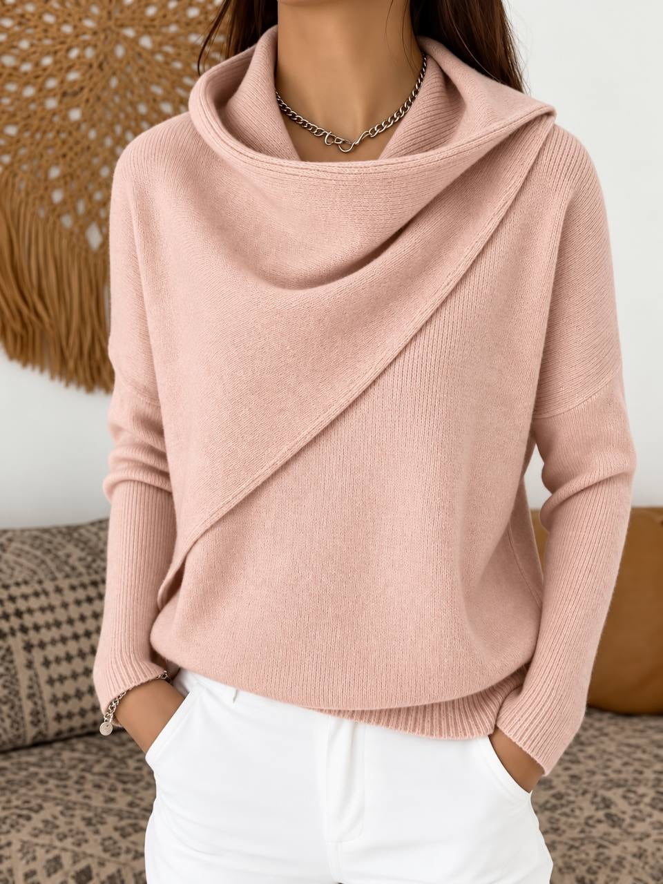 Draped Cowl Neck Sweater With Asymmetric Front Detail – Blush Pink