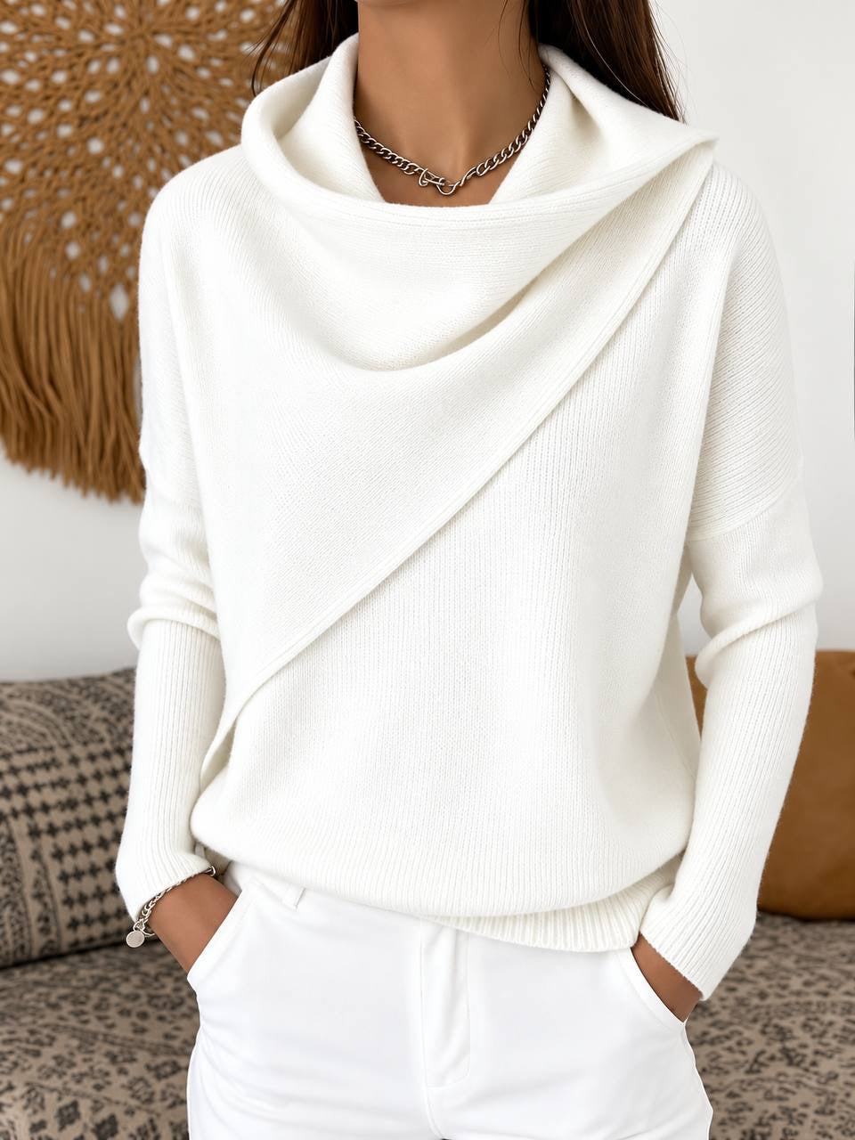 Draped Cowl Neck Sweater With Asymmetric Front Detail – White