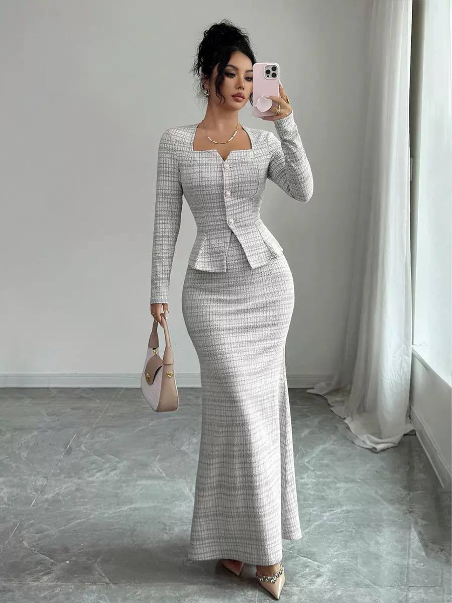 Textured Fitted Two-Piece Set With Button Details – Grey Check