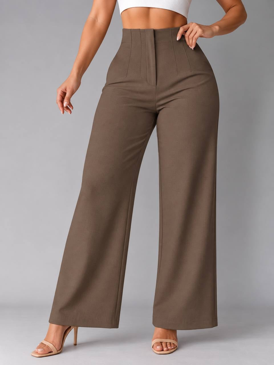High-Waisted Wide-Leg Pants With Front Seam Details – Brown