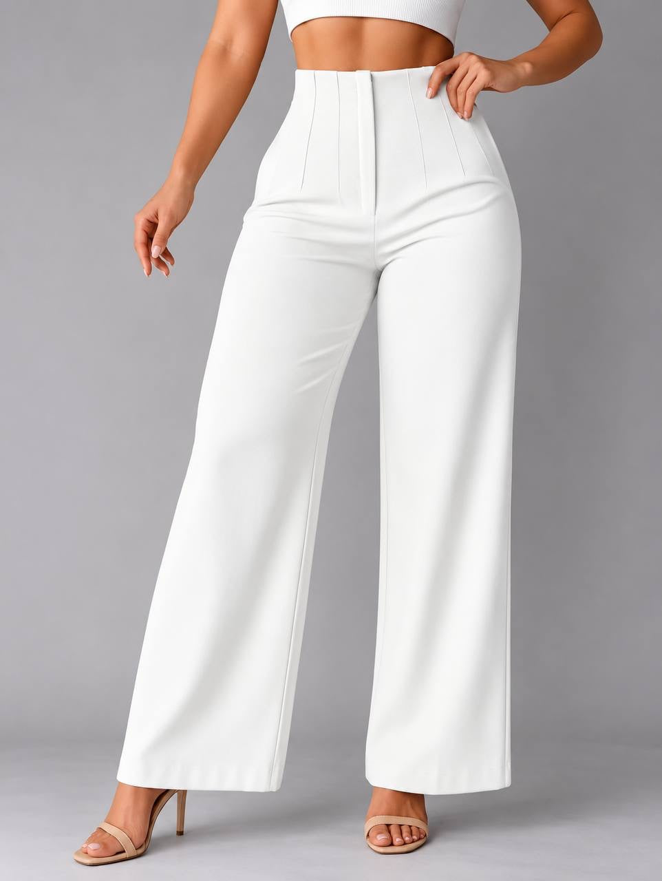 High-Waisted Wide-Leg Pants With Front Seam Details – White