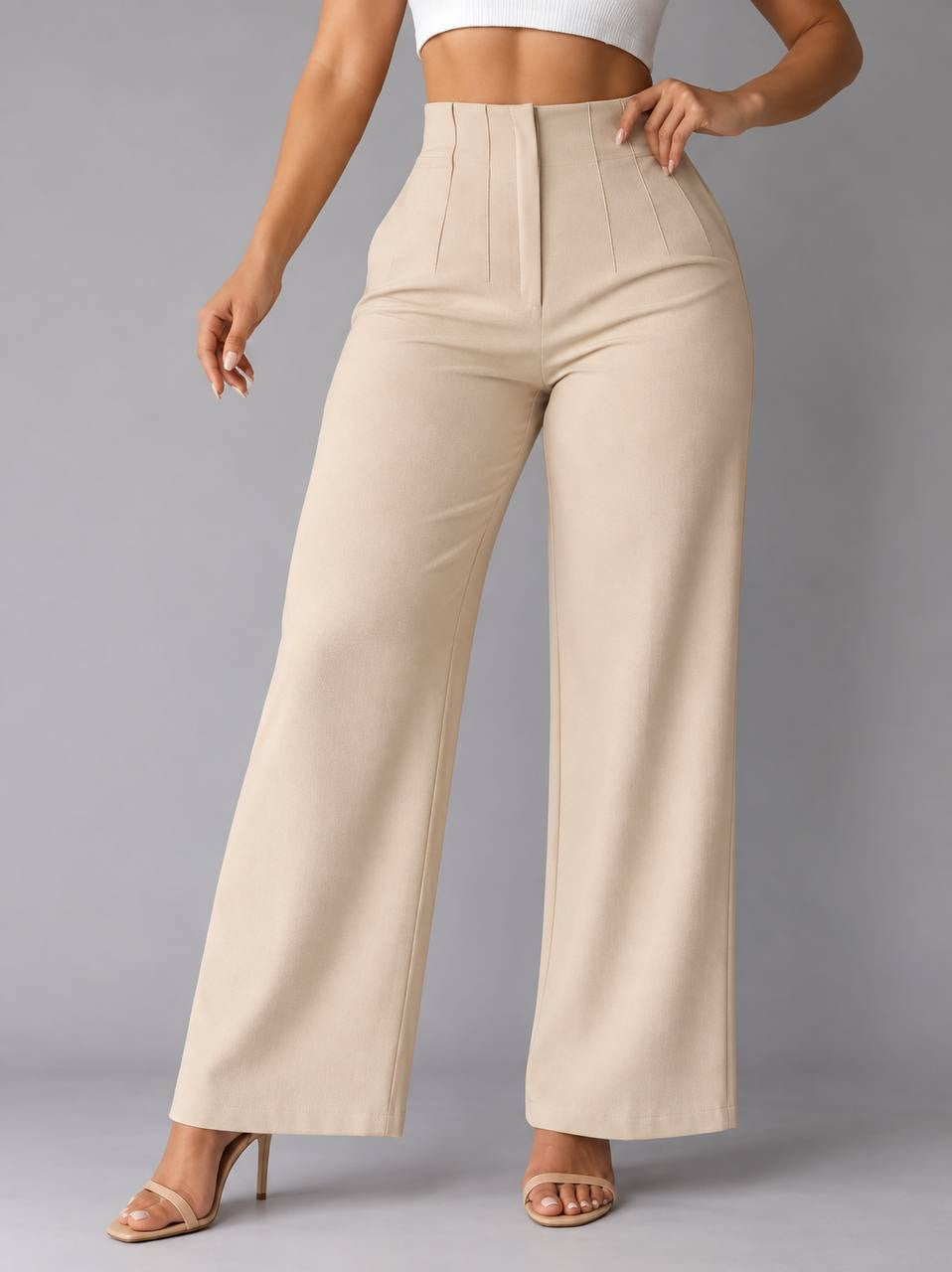 High-Waisted Wide-Leg Pants With Front Seam Details – Beige