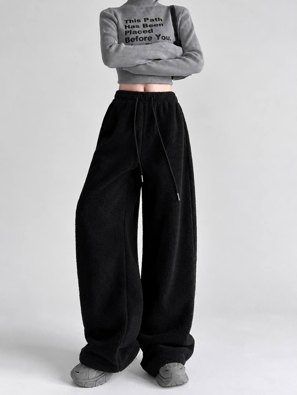 Textured Wide-Leg Pants With An Elastic Drawstring Waist – Black