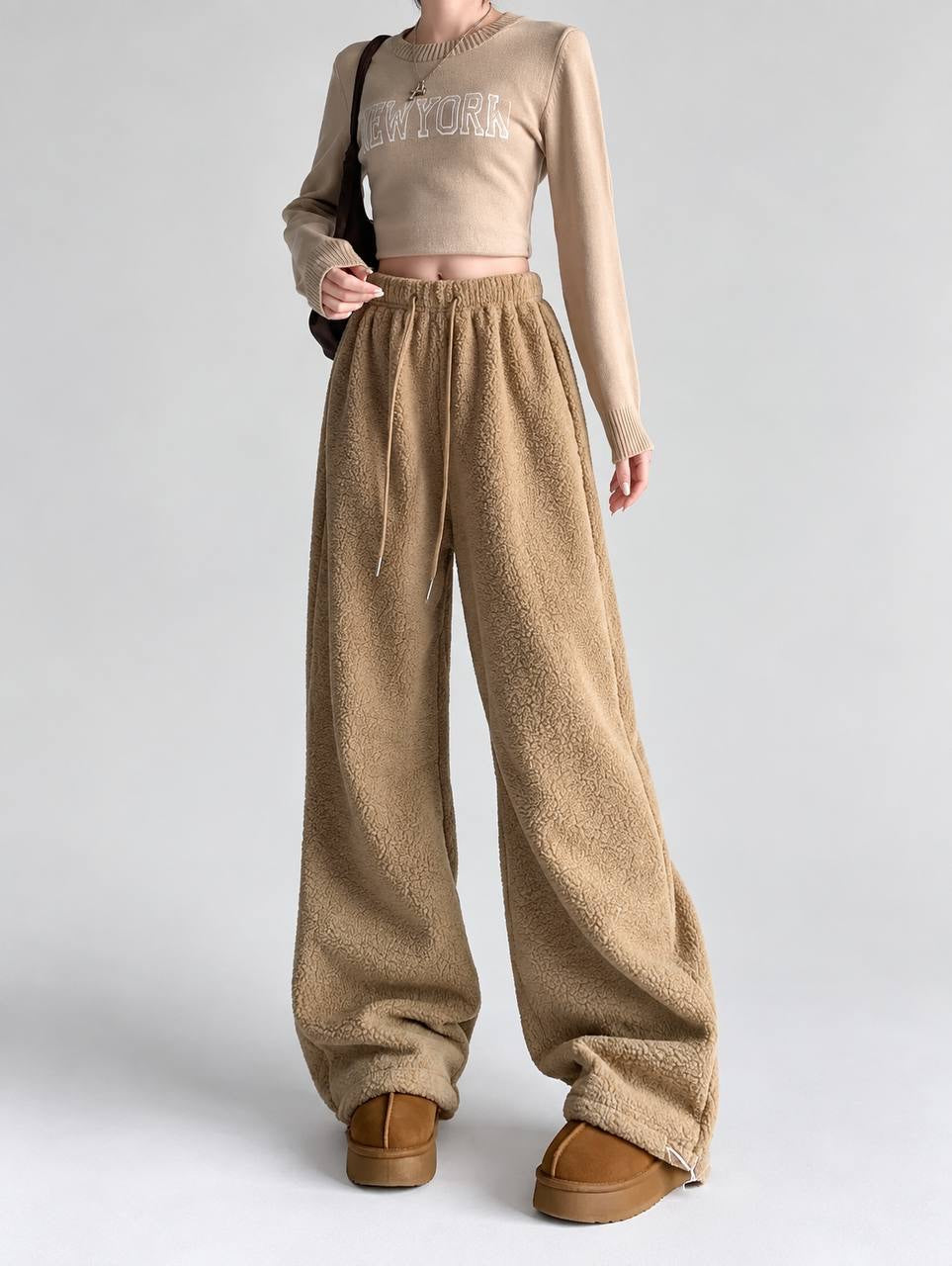 Textured Wide-Leg Pants With An Elastic Drawstring Waist – Camel