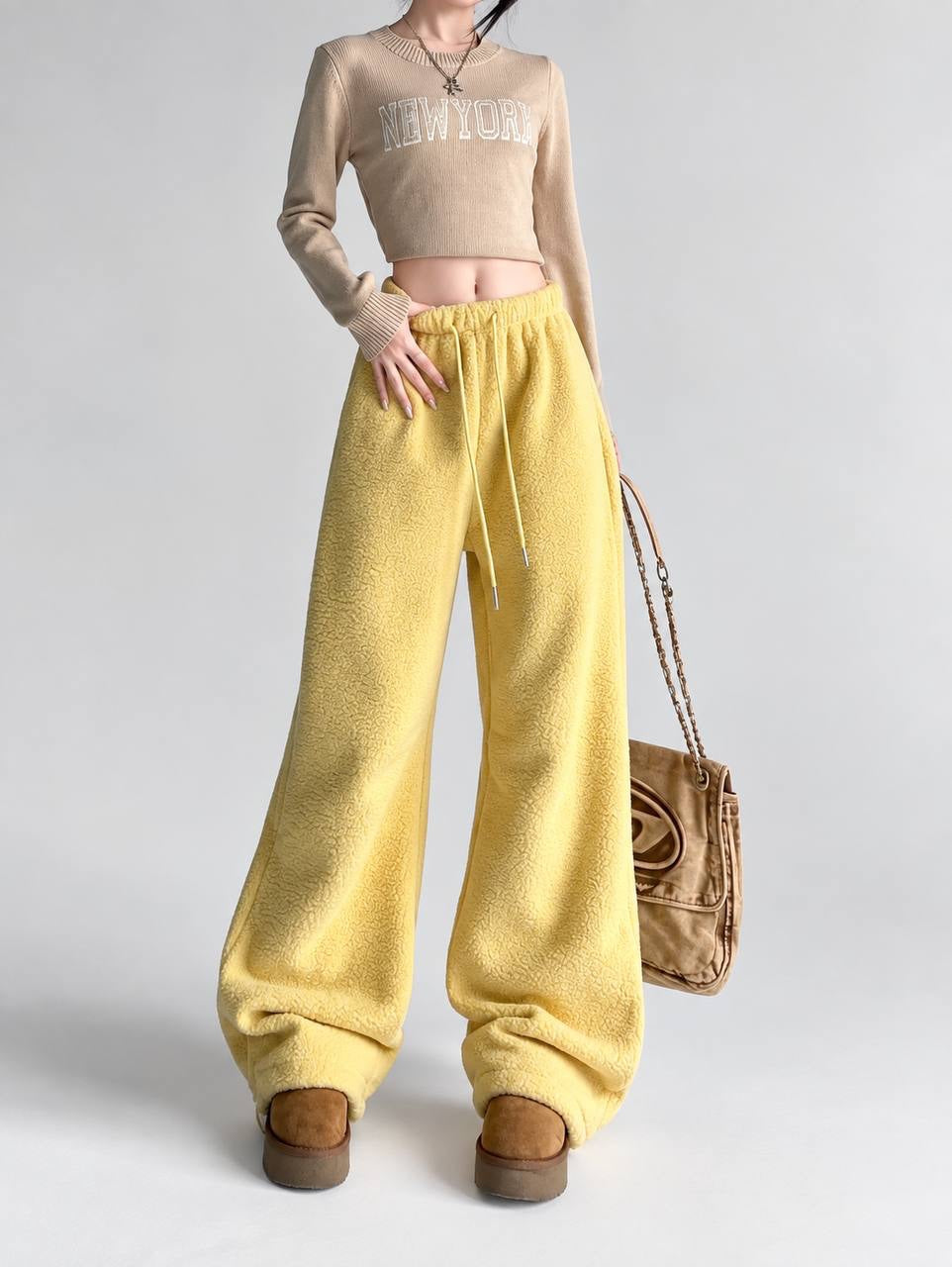 Textured Wide-Leg Pants With An Elastic Drawstring Waist – Yellow
