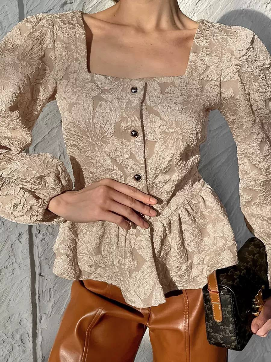 Textured Floral Square Neck Puff Sleeve Peplum Blouse – Beige Floral