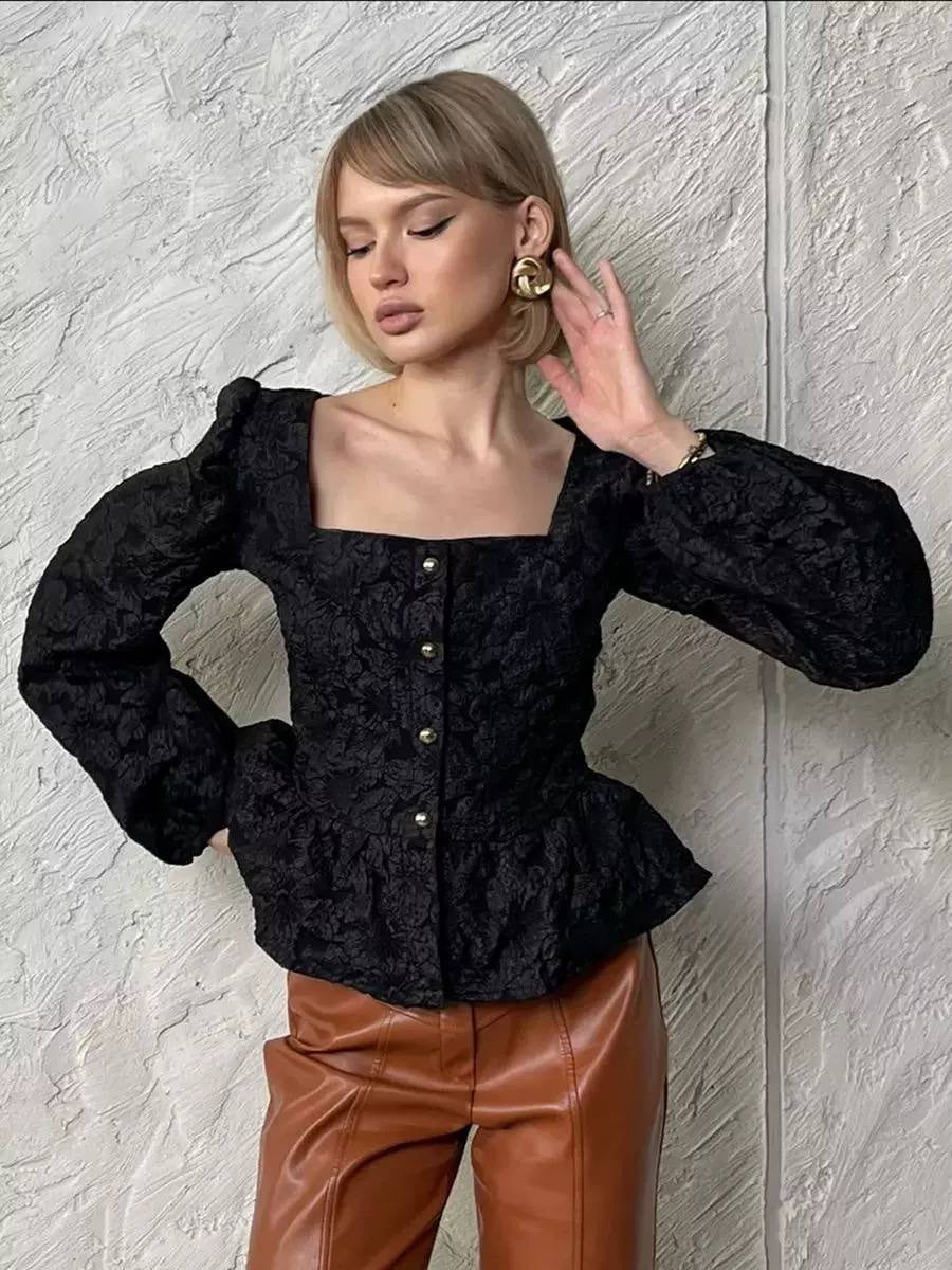 Textured Floral Square Neck Puff Sleeve Peplum Blouse – Black Floral