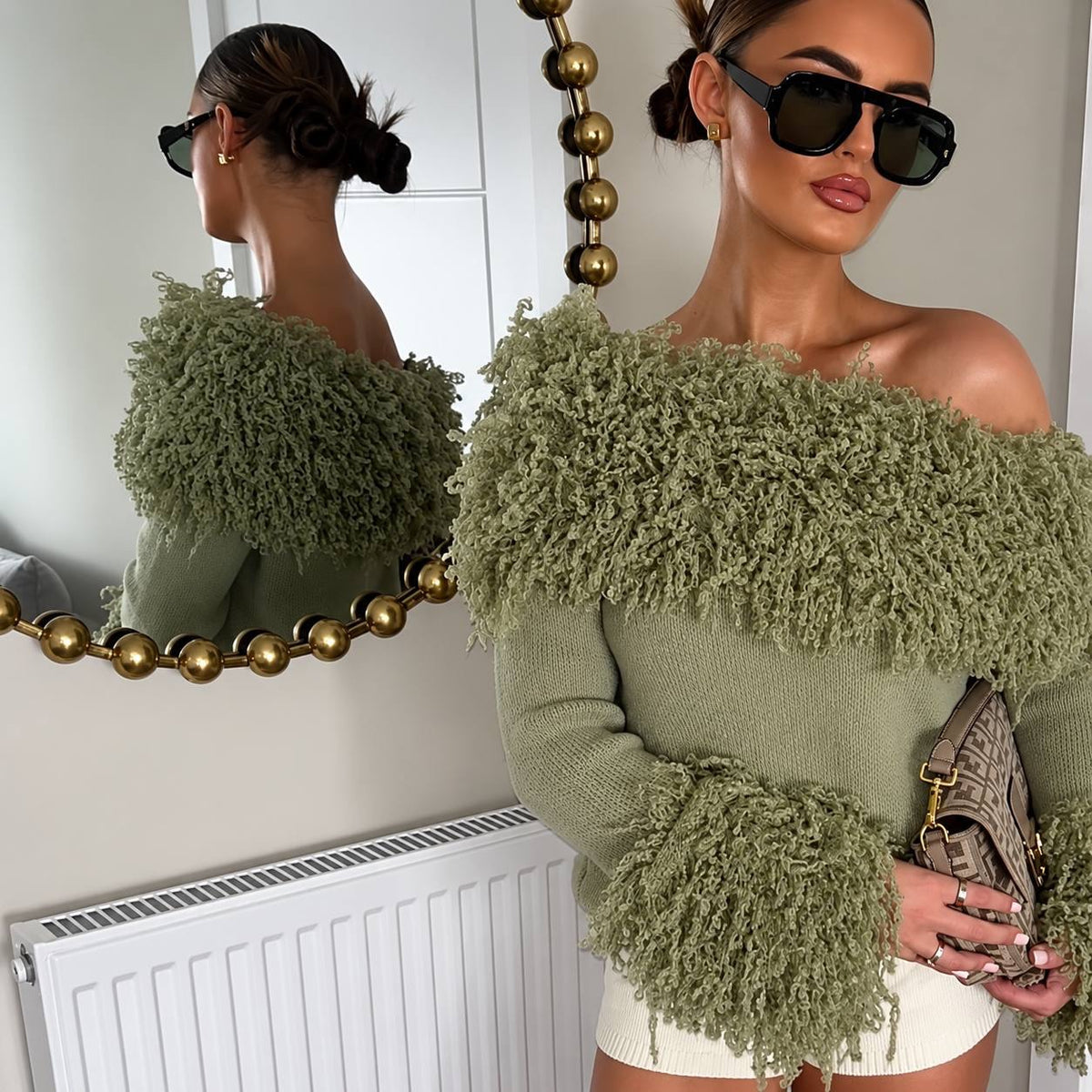 Off-Shoulder Sweater With Textured Trim and Long Sleeves – Olive Green