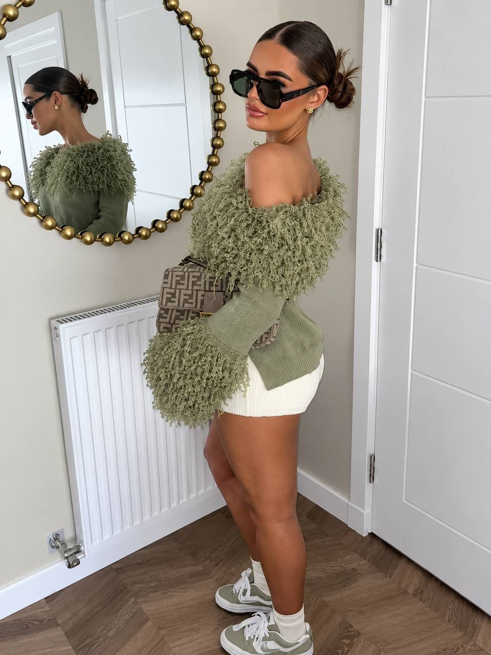 Off-Shoulder Sweater With Textured Trim and Long Sleeves – Olive Green