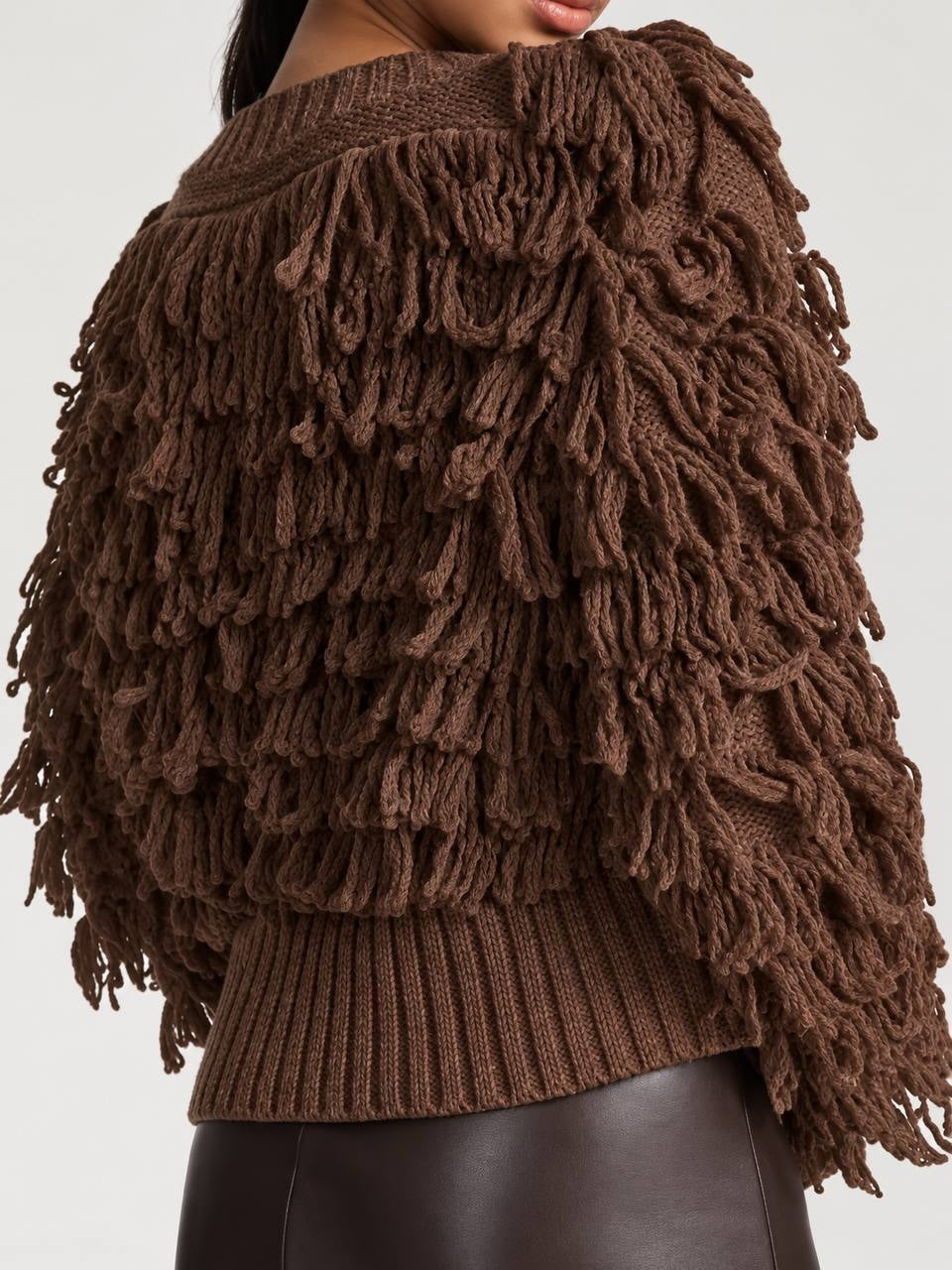 Loop Fringe Button-Front Cardigan With Ribbed Trim – Brown