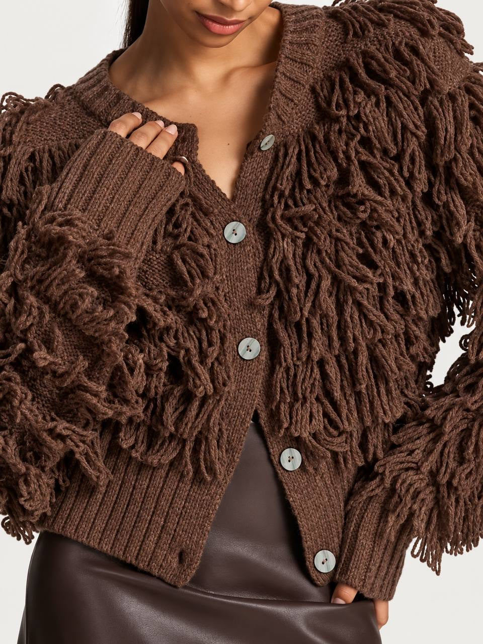 Loop Fringe Button-Front Cardigan With Ribbed Trim – Brown