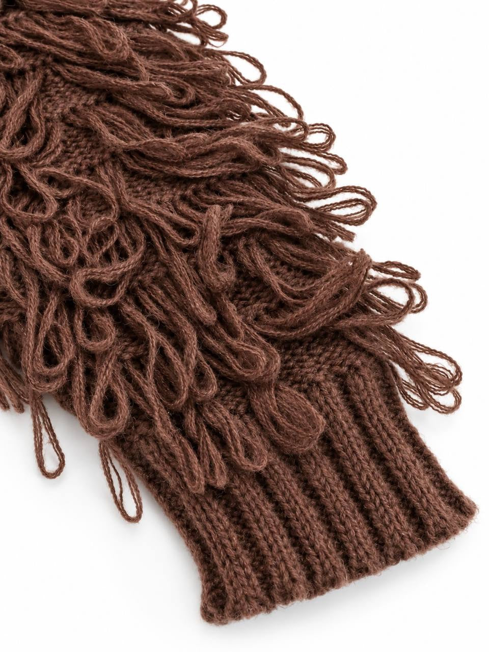 Loop Fringe Button-Front Cardigan With Ribbed Trim – Brown
