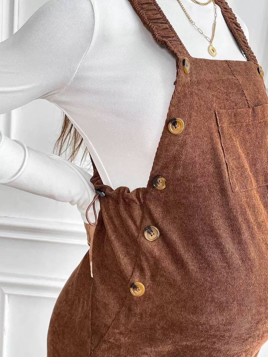 Relaxed Maternity Overall Jumpsuit With Front Pocket – Brown