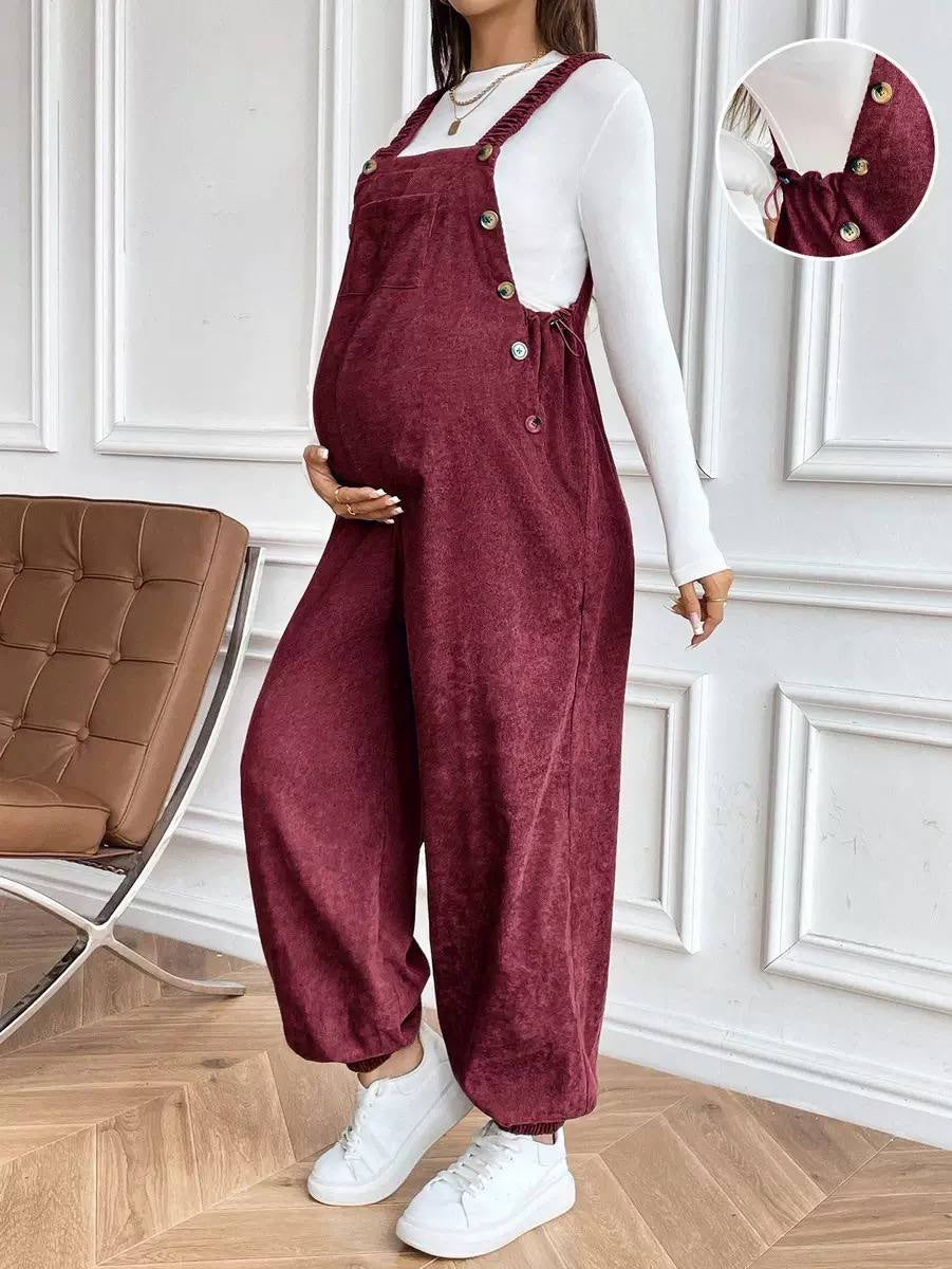 Relaxed Maternity Overall Jumpsuit With Front Pocket – Burgundy
