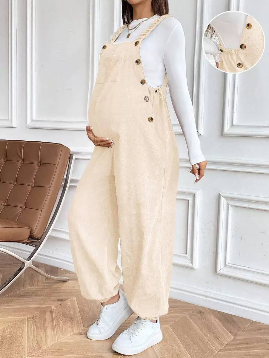 Relaxed Maternity Overall Jumpsuit With Front Pocket – Cream