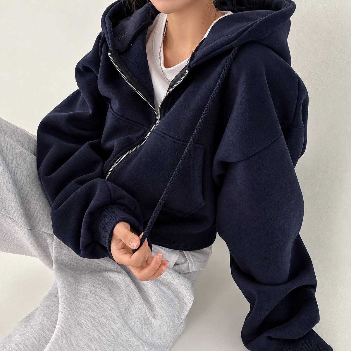 Cropped Zip-Up Hoodie With Dropped Shoulders and Pockets – Navy