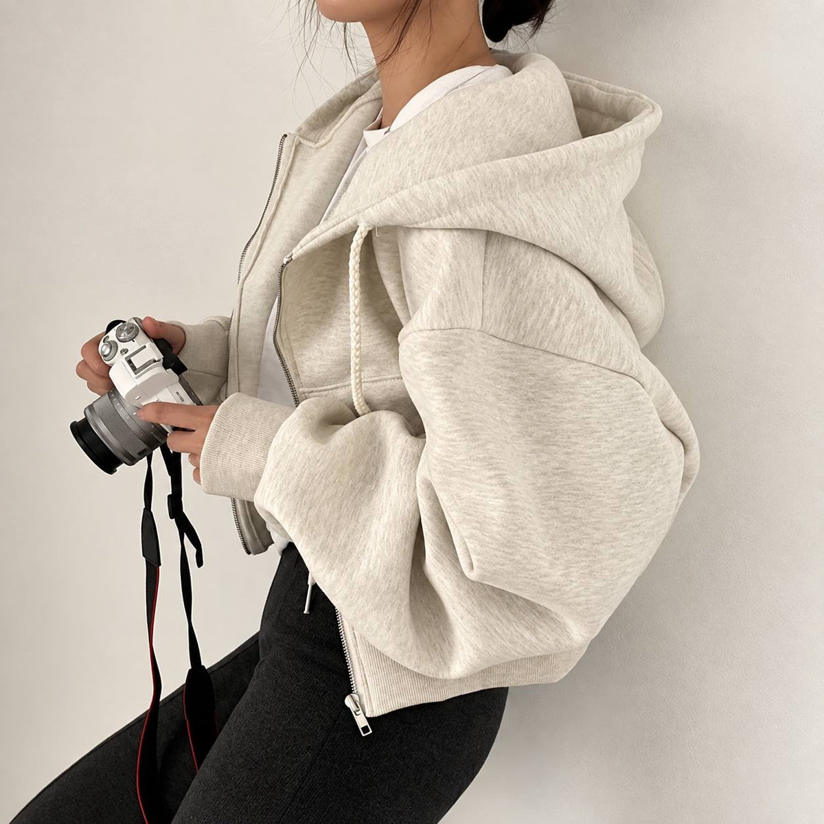 Cropped Zip-Up Hoodie With Dropped Shoulders and Pockets – Beige