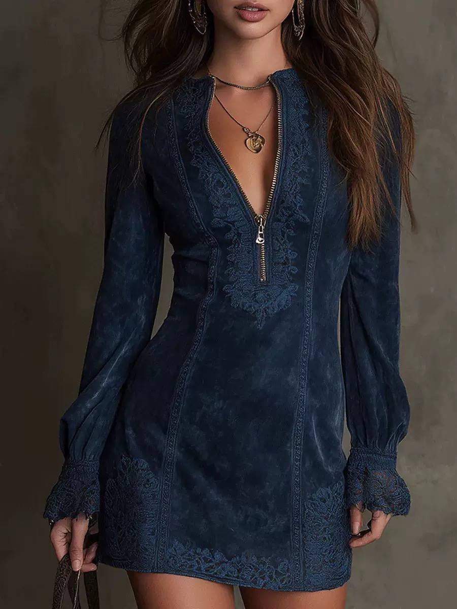 Embroidered Zip-Neck Mini Dress With Long Balloon Sleeves – Navy