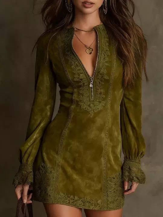 Embroidered Zip-Neck Mini Dress With Long Balloon Sleeves – Olive