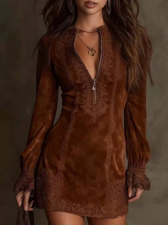 Embroidered Zip-Neck Mini Dress With Long Balloon Sleeves – Brown