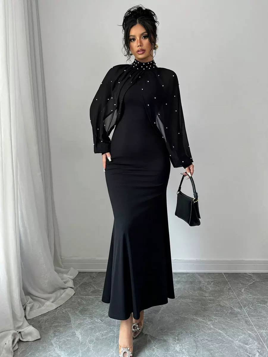 Embellished High Neck Maxi Dress With Sheer Sleeves – Black