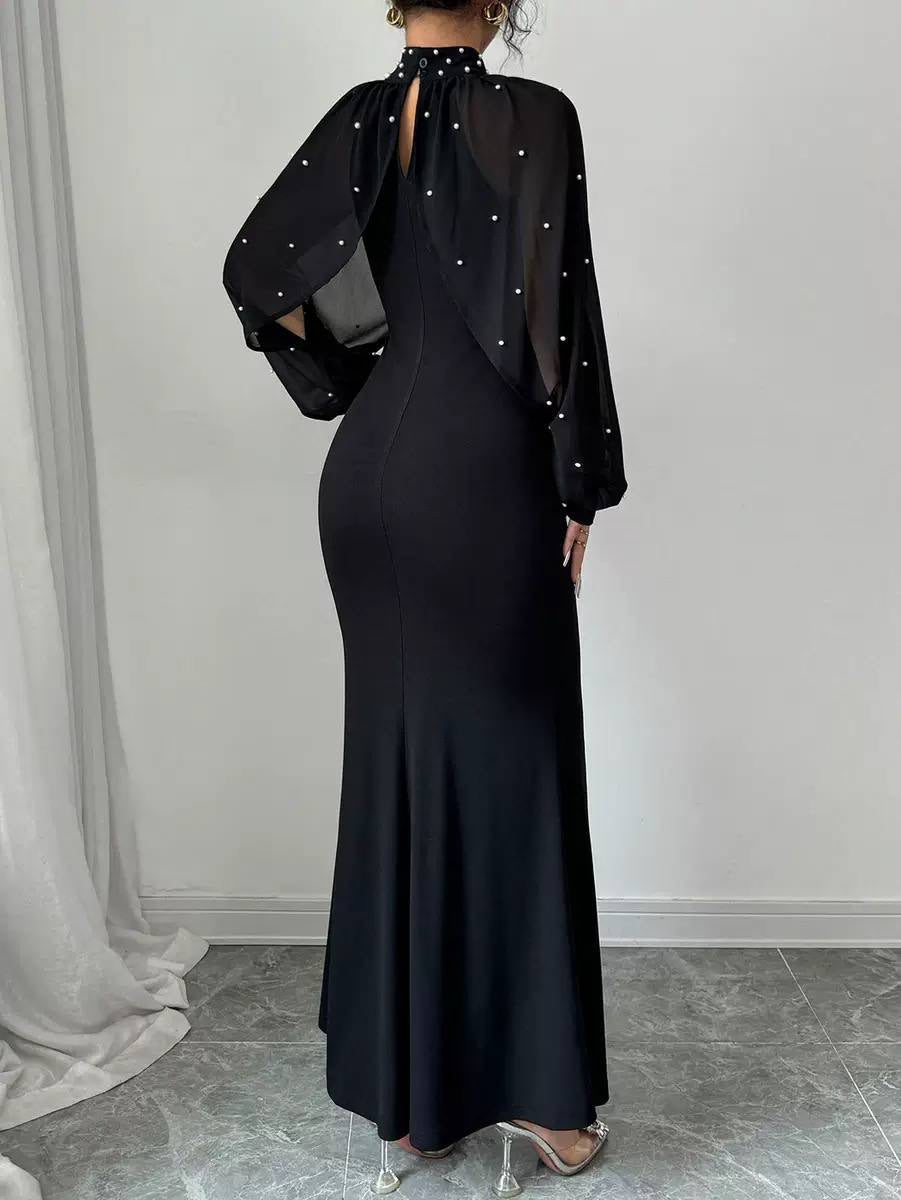 Embellished High Neck Maxi Dress With Sheer Sleeves – Black