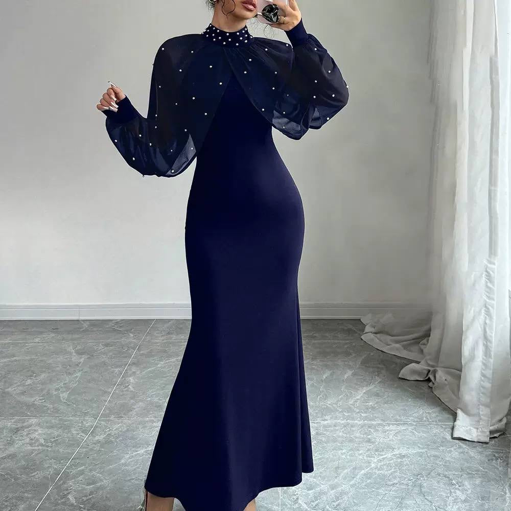 Embellished High Neck Maxi Dress With Sheer Sleeves