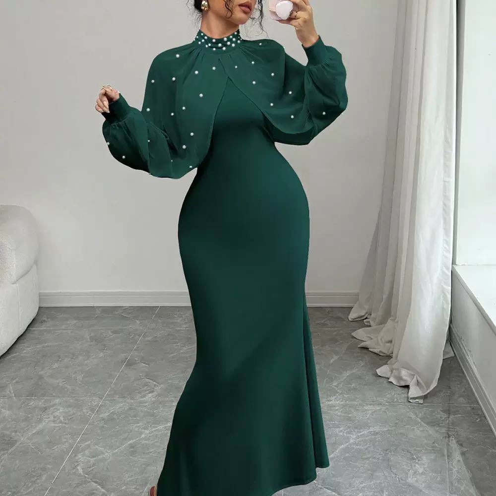 Embellished High Neck Maxi Dress With Sheer Sleeves
