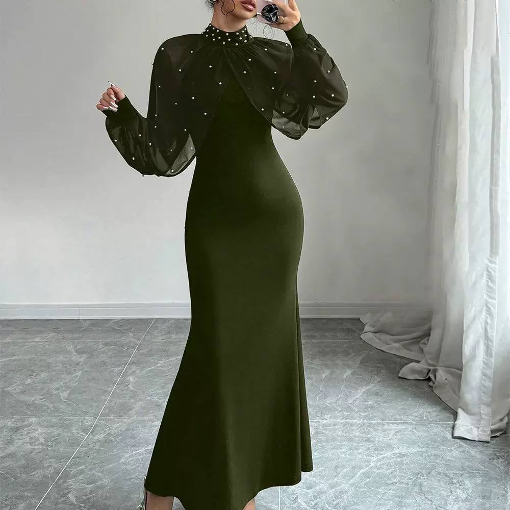 Embellished High Neck Maxi Dress With Sheer Sleeves