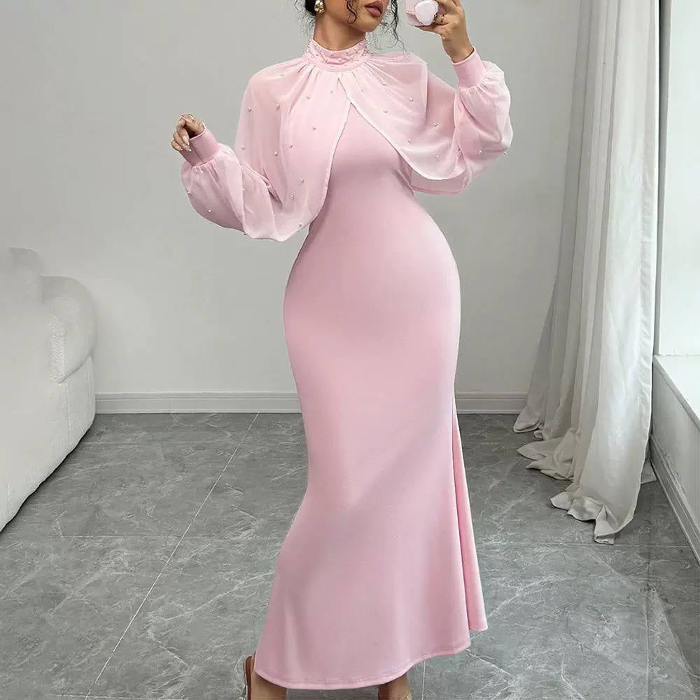 Embellished High Neck Maxi Dress With Sheer Sleeves
