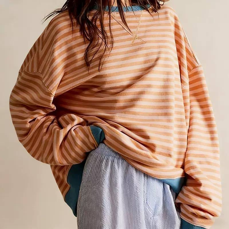 Oversized Striped Long Sleeve Top With Contrast Trim – Peach Stripe