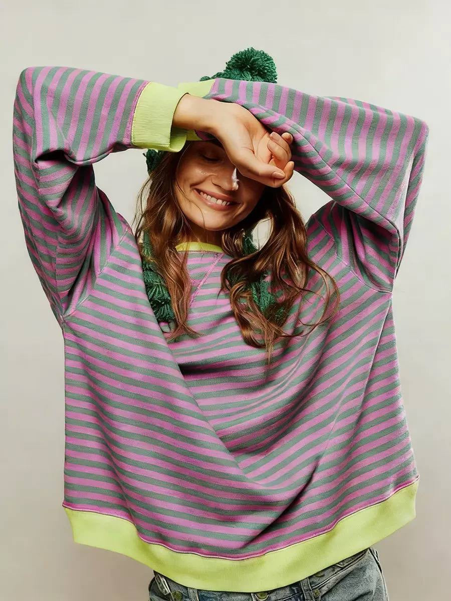 Oversized Striped Long Sleeve Top With Contrast Trim – Green And Pink Stripe