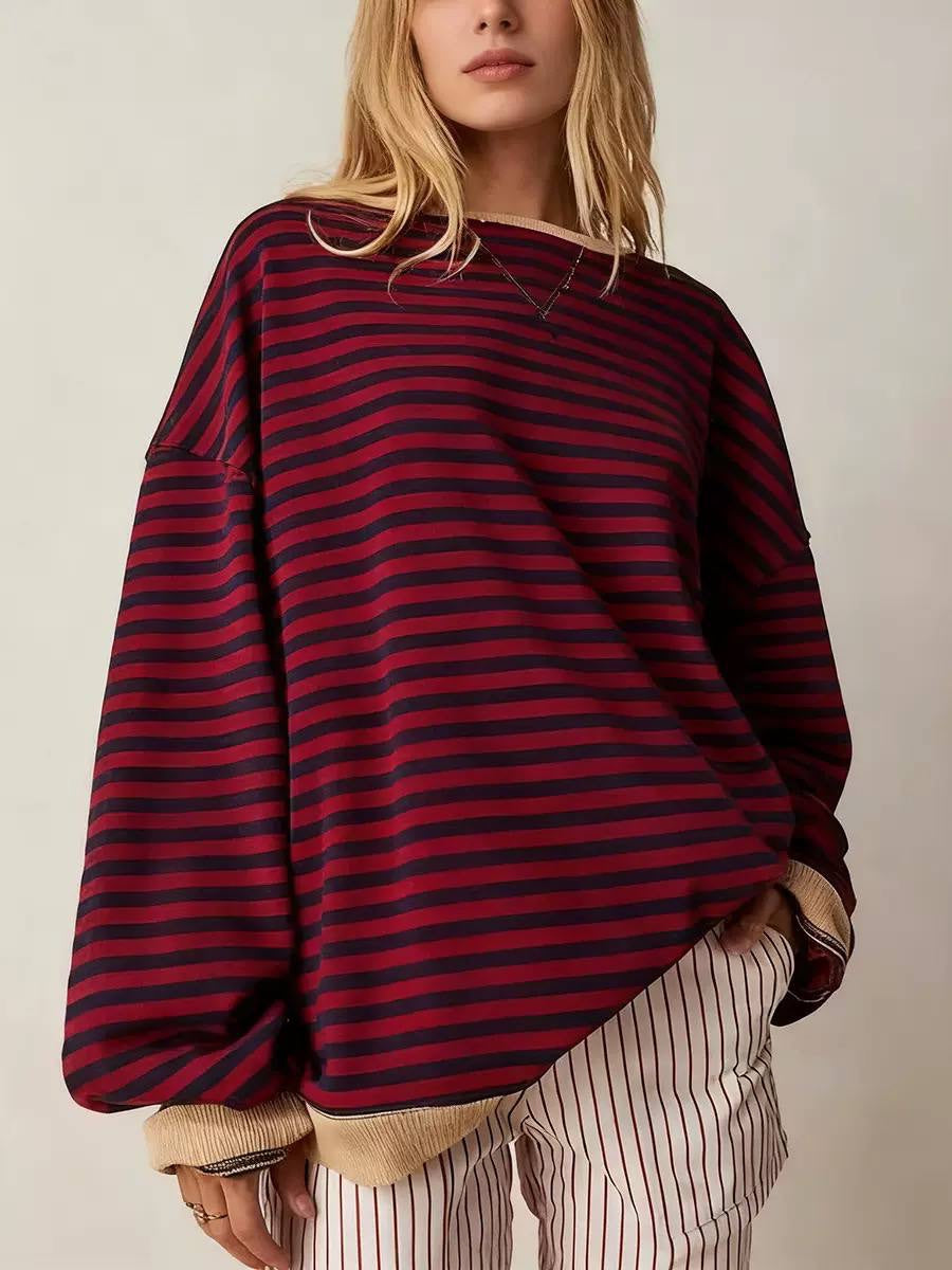 Oversized Striped Long Sleeve Top With Contrast Trim – Burgundy Stripe