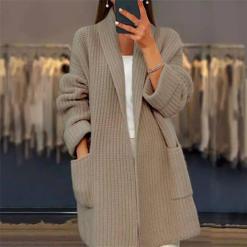 Longline Open Front Knit Cardigan With Patch Pockets – Taupe
